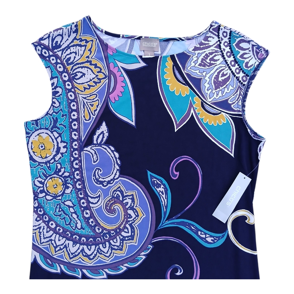 5 Chico’s Dress Sleeveless Slinky Midi Short Iona Casual Allover Print Vibrant 1 - Picture 3 of 16